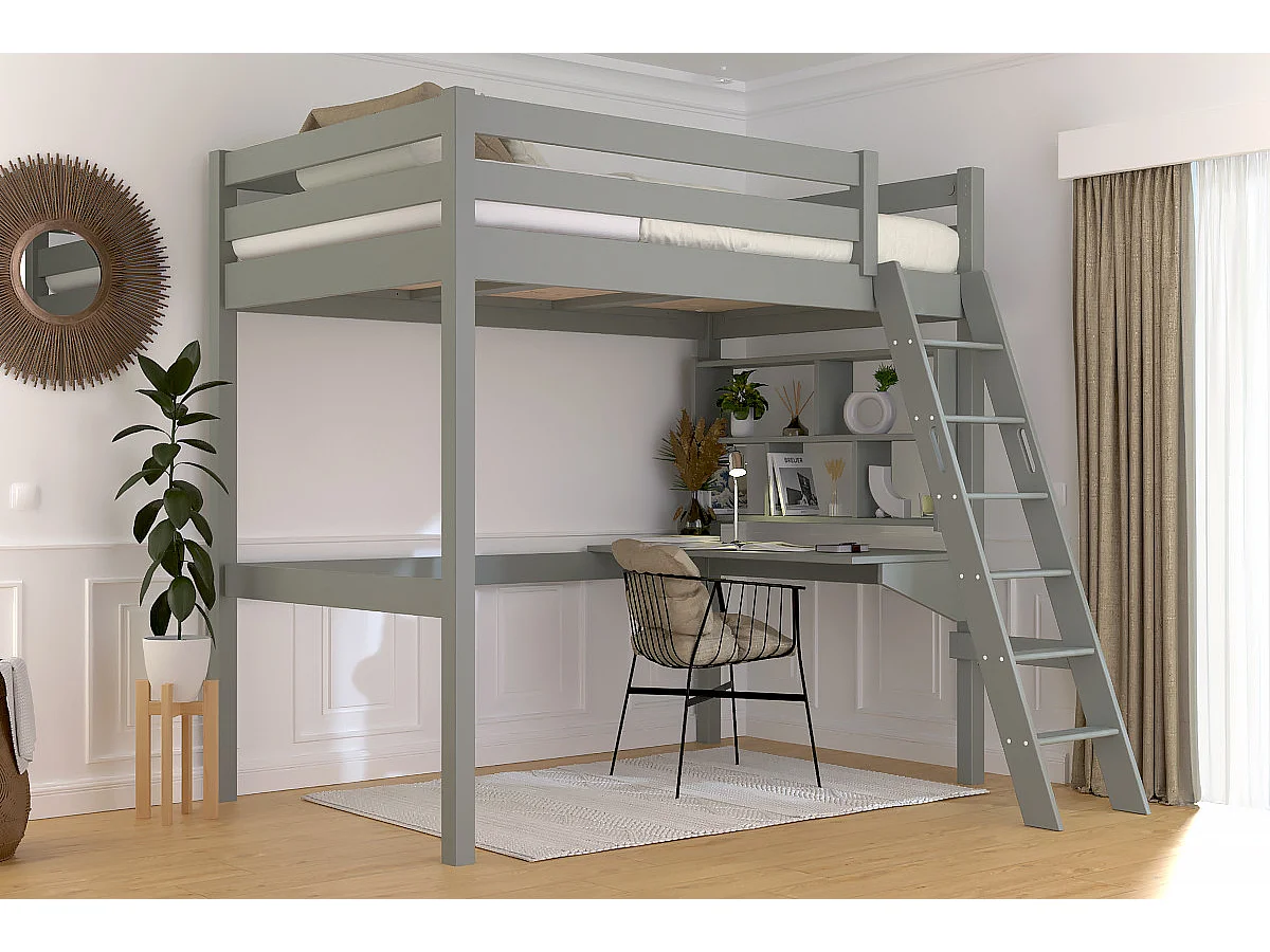 Lit mezzanine 1 place bois Sylvia 120x200 échelle inclinée, Gris