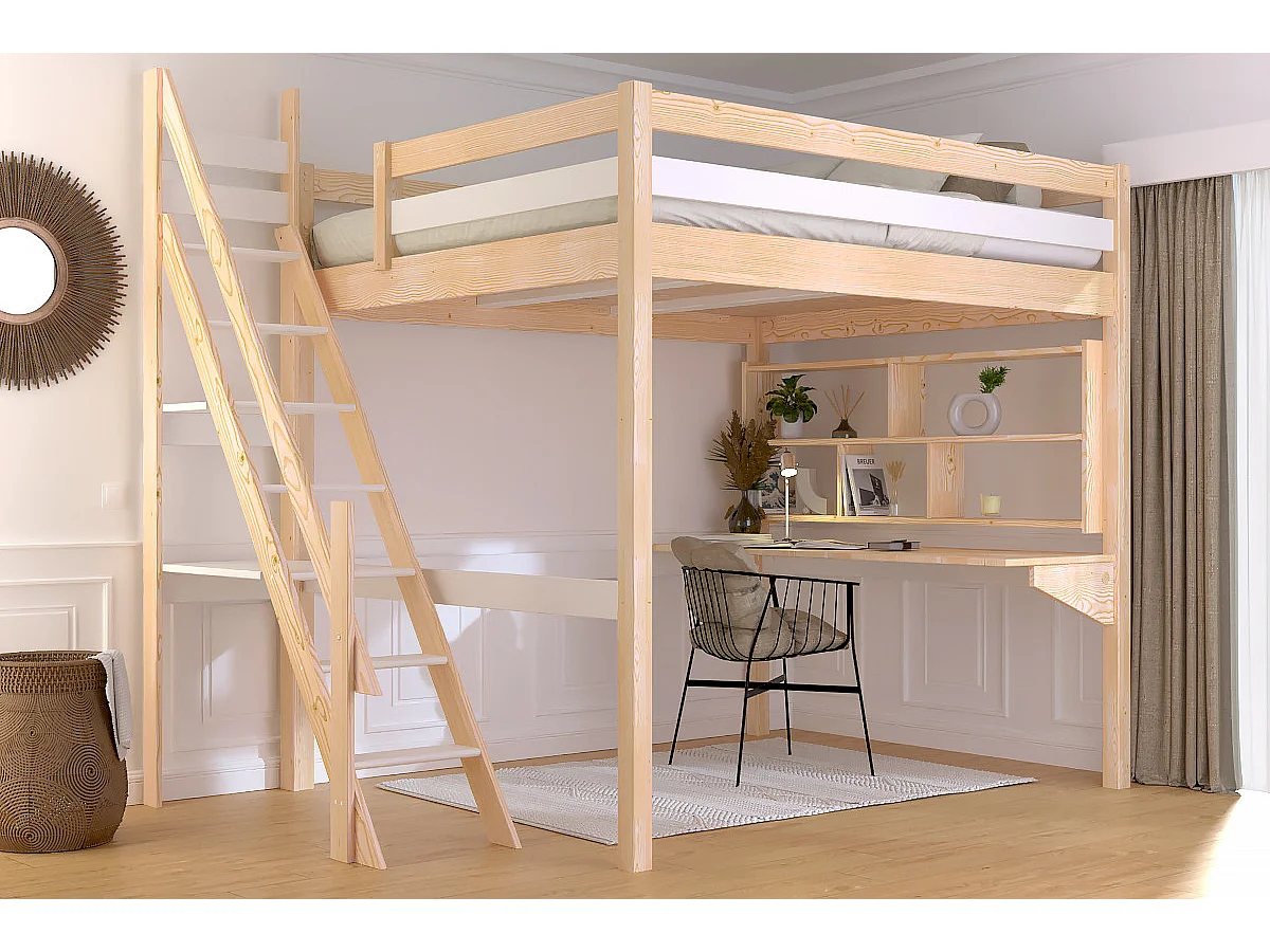 Lit Mezzanine bois 160x200 Sylvia avec escalier de meunier, Vernis naturel/Blanc