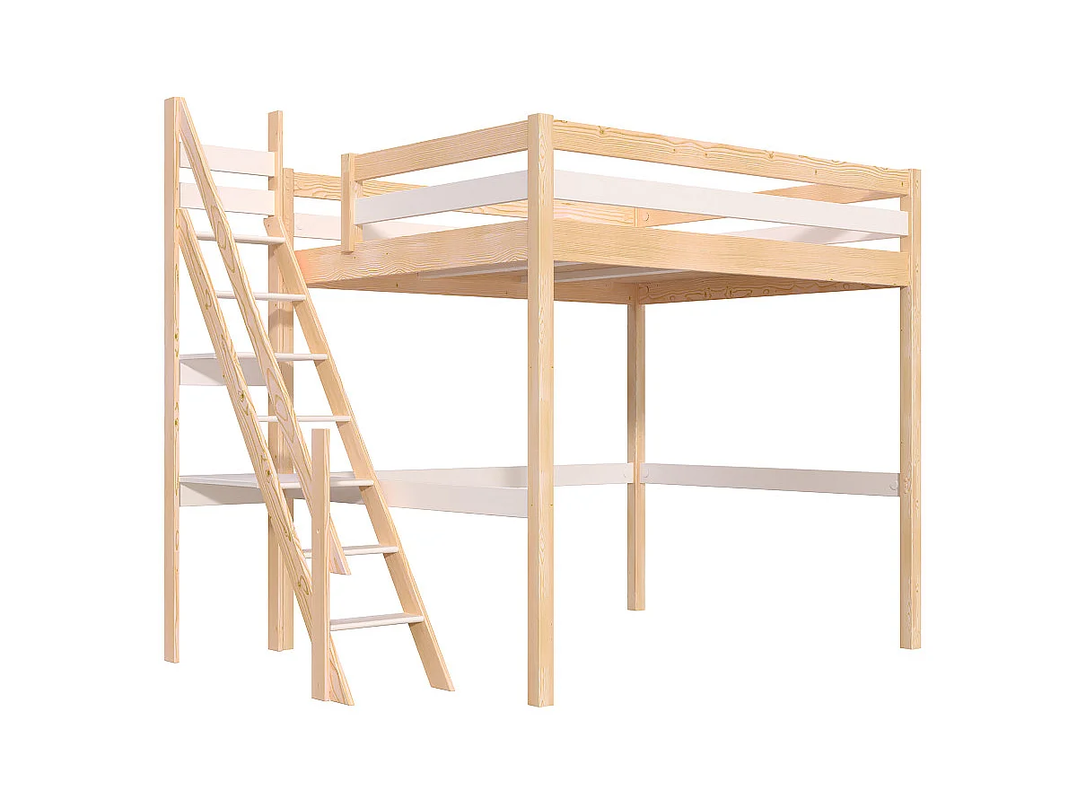 Lit Mezzanine bois 160x200 Sylvia avec escalier de meunier, Vernis naturel/Blanc