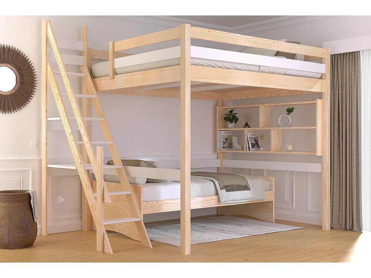 Lit Mezzanine bois 160x200 Sylvia avec escalier de meunier, Vernis naturel/Blanc