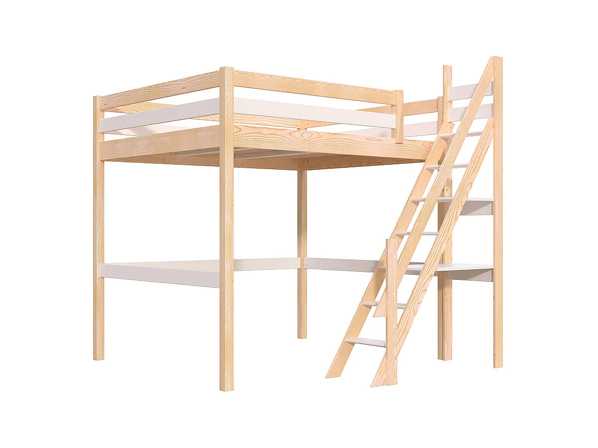 Lit Mezzanine bois 160x200 Sylvia avec escalier de meunier, Vernis naturel/Blanc