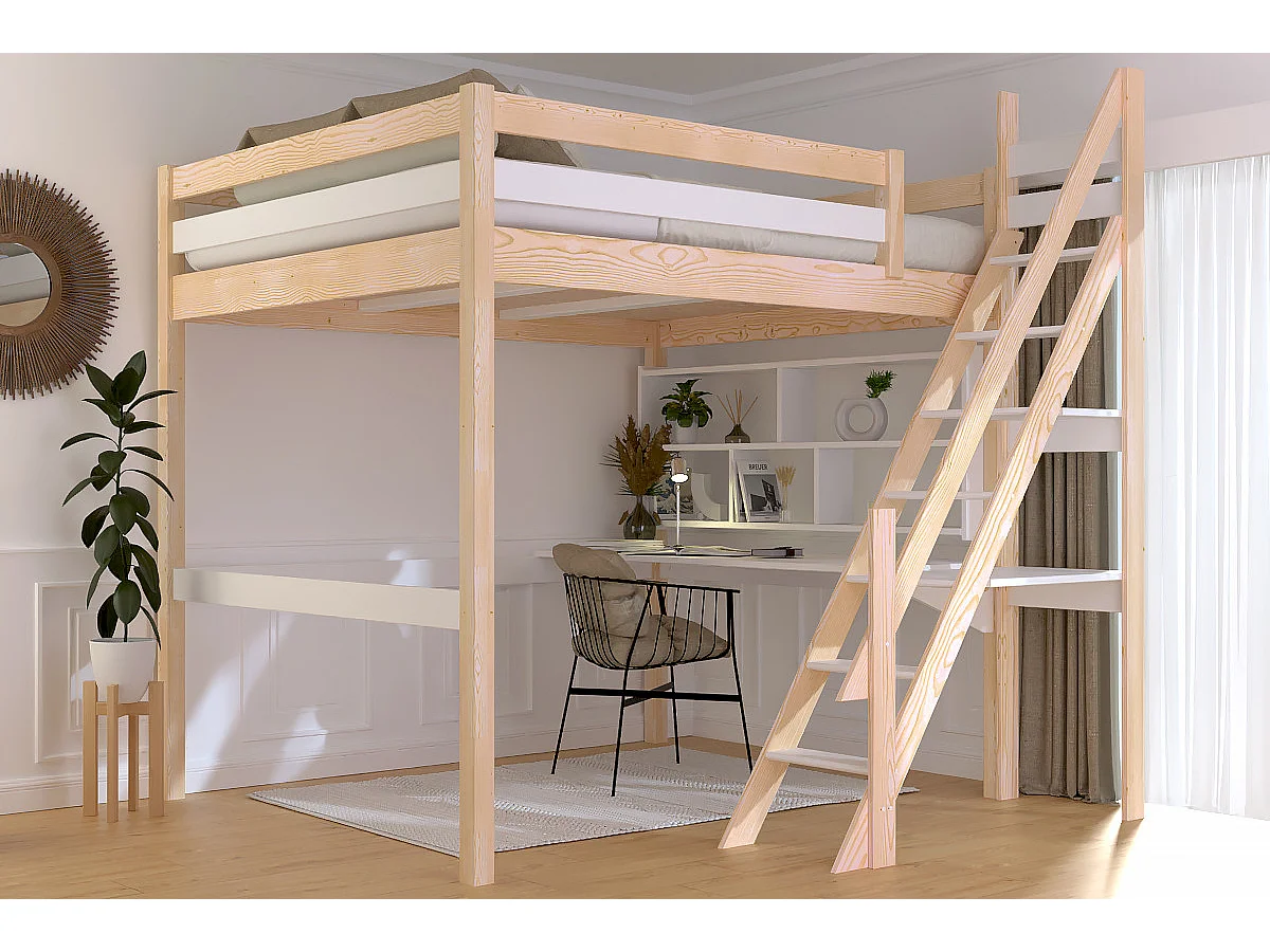 Lit Mezzanine bois 160x200 Sylvia avec escalier de meunier, Vernis naturel/Blanc