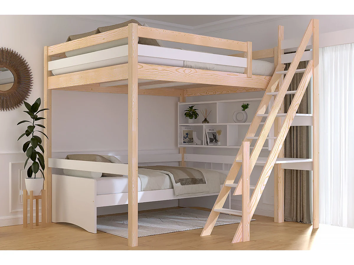 Lit Mezzanine bois 160x200 Sylvia avec escalier de meunier, Vernis naturel/Blanc