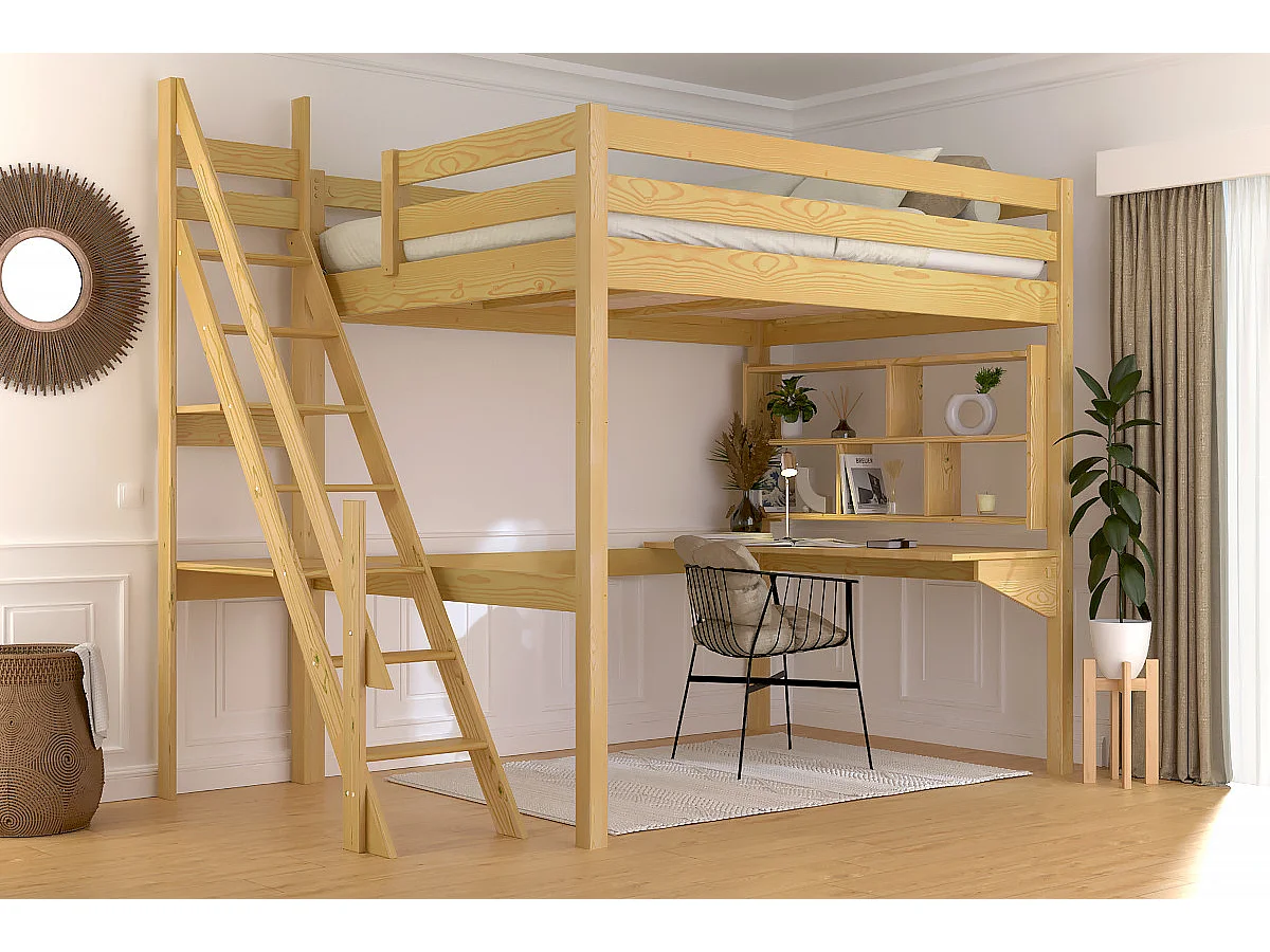 Lit mezzanine bois 140x200 Sylvia avec escalier de meunier, Miel