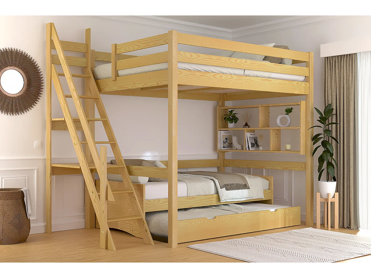 Lit mezzanine bois 140x200 Sylvia avec escalier de meunier, Miel