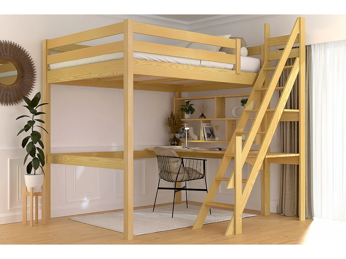 Lit mezzanine bois 140x200 Sylvia avec escalier de meunier, Miel