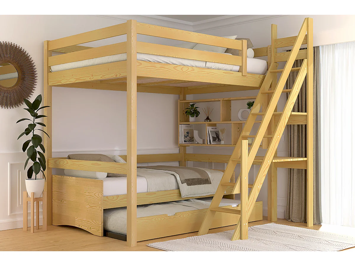 Lit mezzanine bois 140x200 Sylvia avec escalier de meunier, Miel