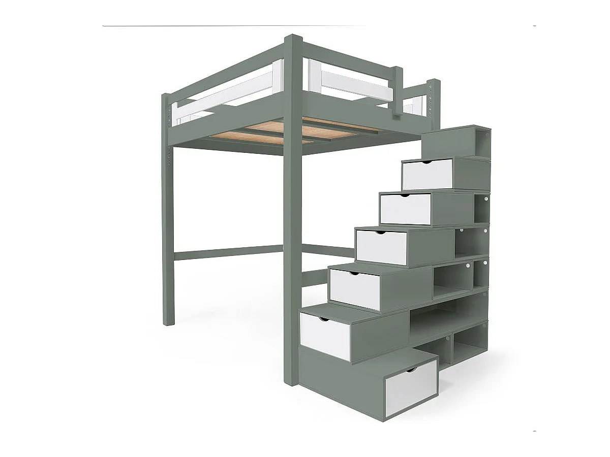 Lit Mezzanine adulte bois 120x200 Alpage hauteur réglable + escalier cube, Gris/Blanc