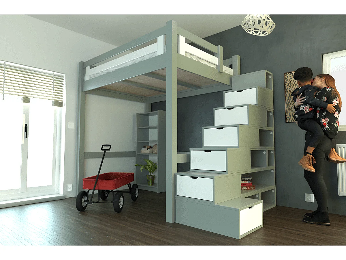 Lit Mezzanine adulte bois 120x200 Alpage hauteur réglable + escalier cube, Gris/Blanc