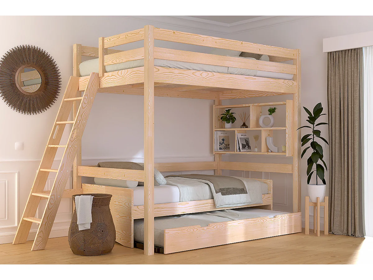 Lit mezzanine 1 place bois Sylvia 120x200 échelle inclinée, Brut (sans vernis)