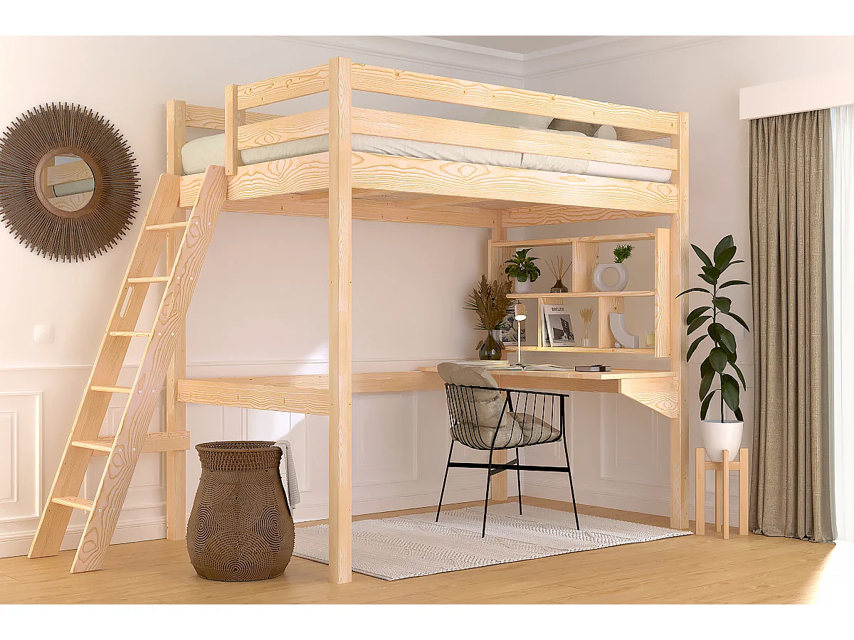 Lit mezzanine 1 place bois Sylvia 120x200 échelle inclinée, Brut (sans vernis)