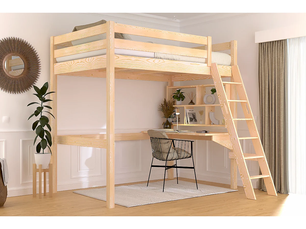 Lit mezzanine 1 place bois Sylvia 120x200 échelle inclinée, Brut (sans vernis)
