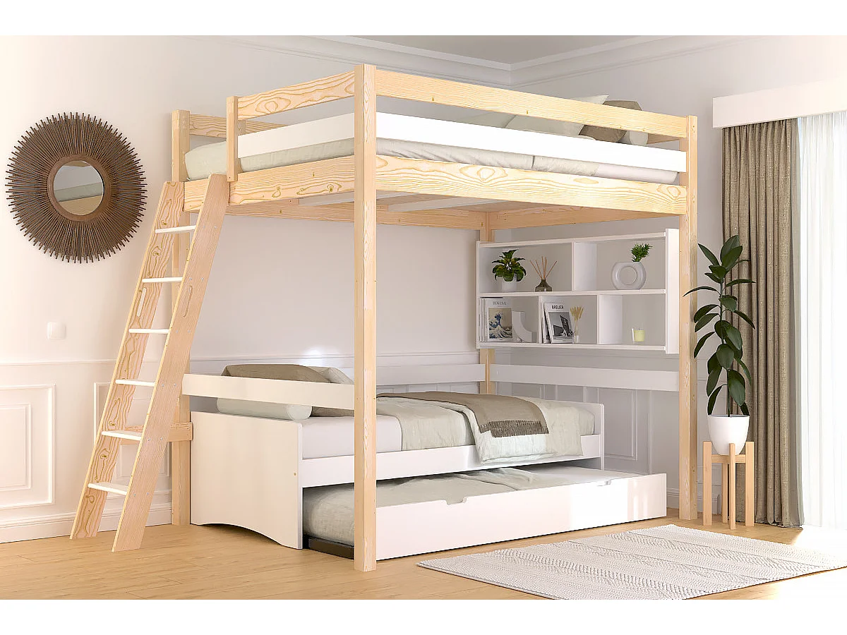 Lit mezzanine 2 places bois Sylvia 140x190 échelle inclinée, Vernis naturel/Blanc