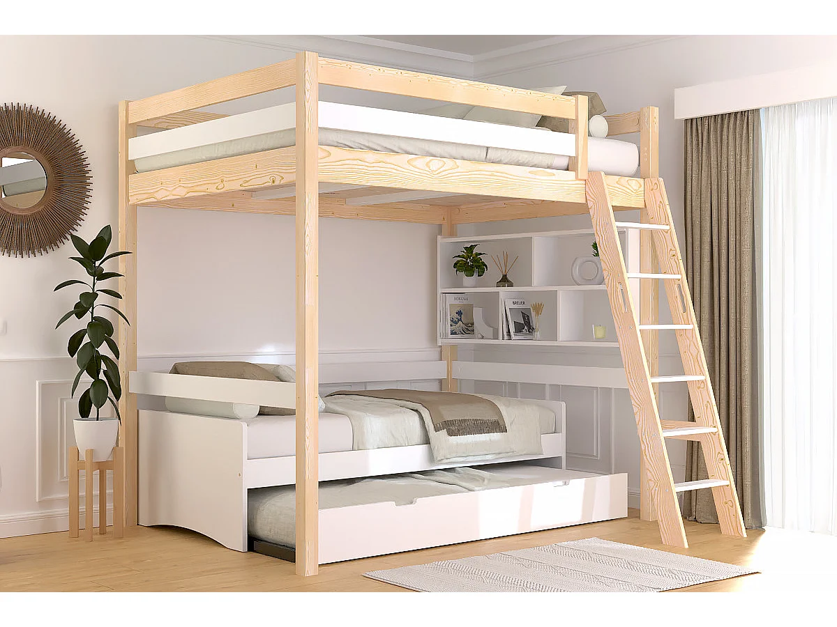Lit mezzanine 2 places bois Sylvia 140x190 échelle inclinée, Vernis naturel/Blanc