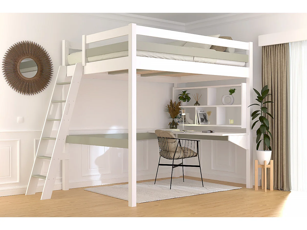 Lit mezzanine 2 places bois Sylvia 140x200 échelle inclinée, Blanc/Moka