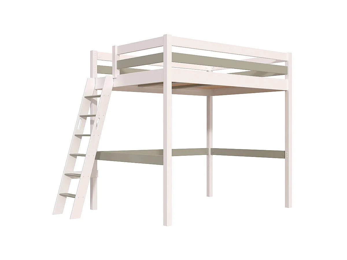 Lit mezzanine 2 places bois Sylvia 140x200 échelle inclinée, Blanc/Moka