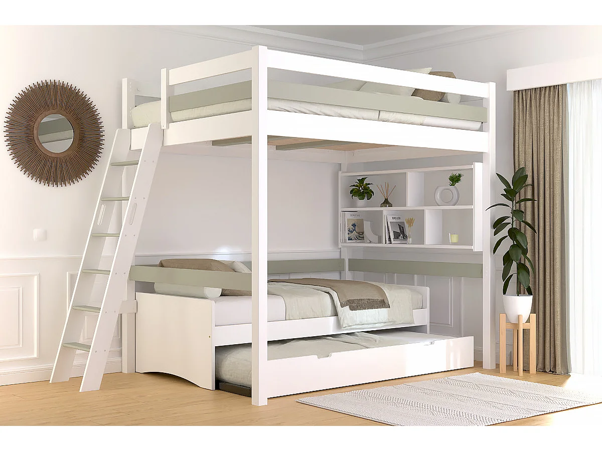 Lit mezzanine 2 places bois Sylvia 140x190 échelle inclinée, Blanc/Moka