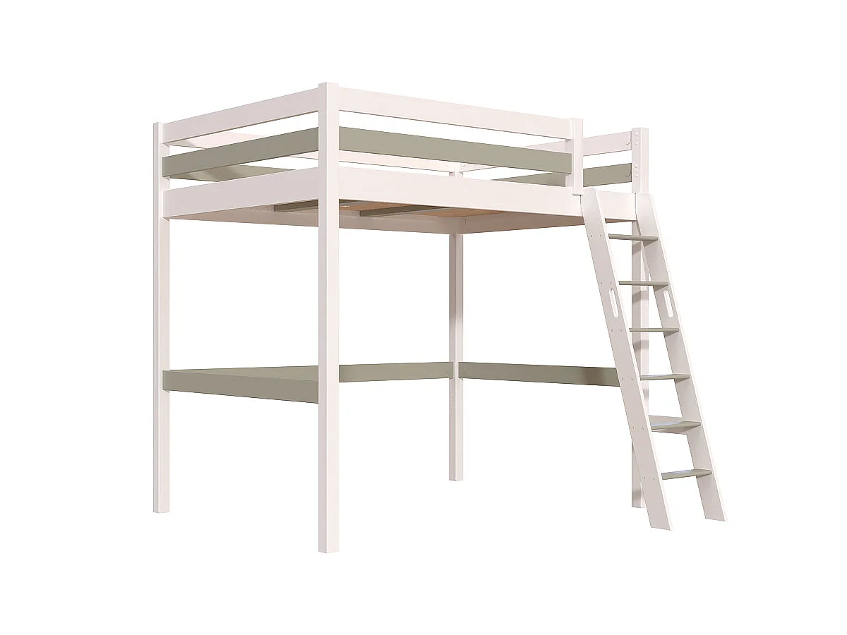 Lit mezzanine 2 places bois Sylvia 140x190 échelle inclinée, Blanc/Moka