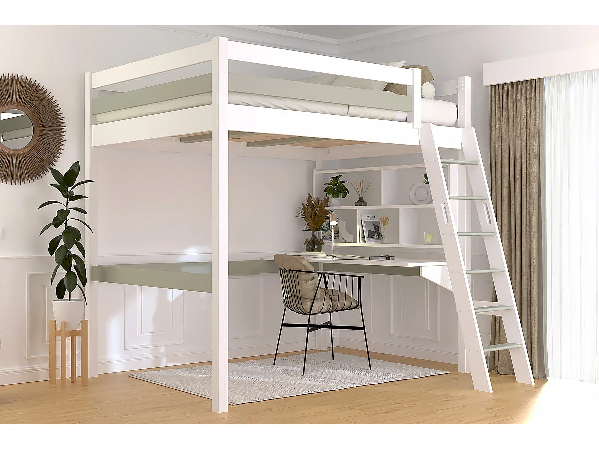Lit mezzanine 2 places bois Sylvia 140x190 échelle inclinée, Blanc/Moka
