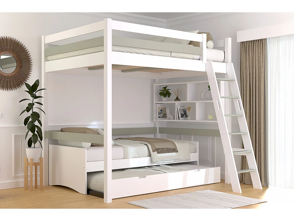 Lit mezzanine 2 places bois Sylvia 140x190 échelle inclinée, Blanc/Moka