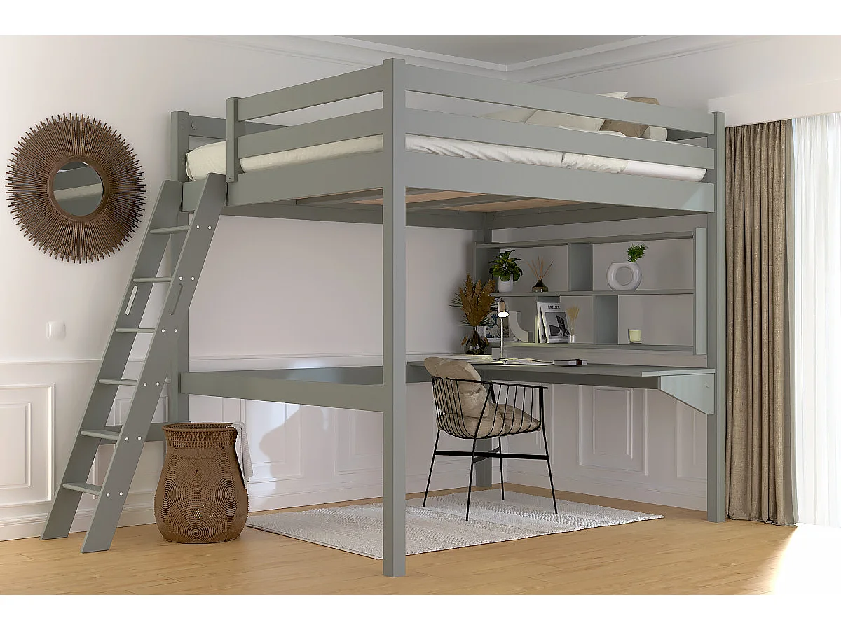 Lit mezzanine 2 places bois Sylvia 160x200 échelle inclinée, Gris