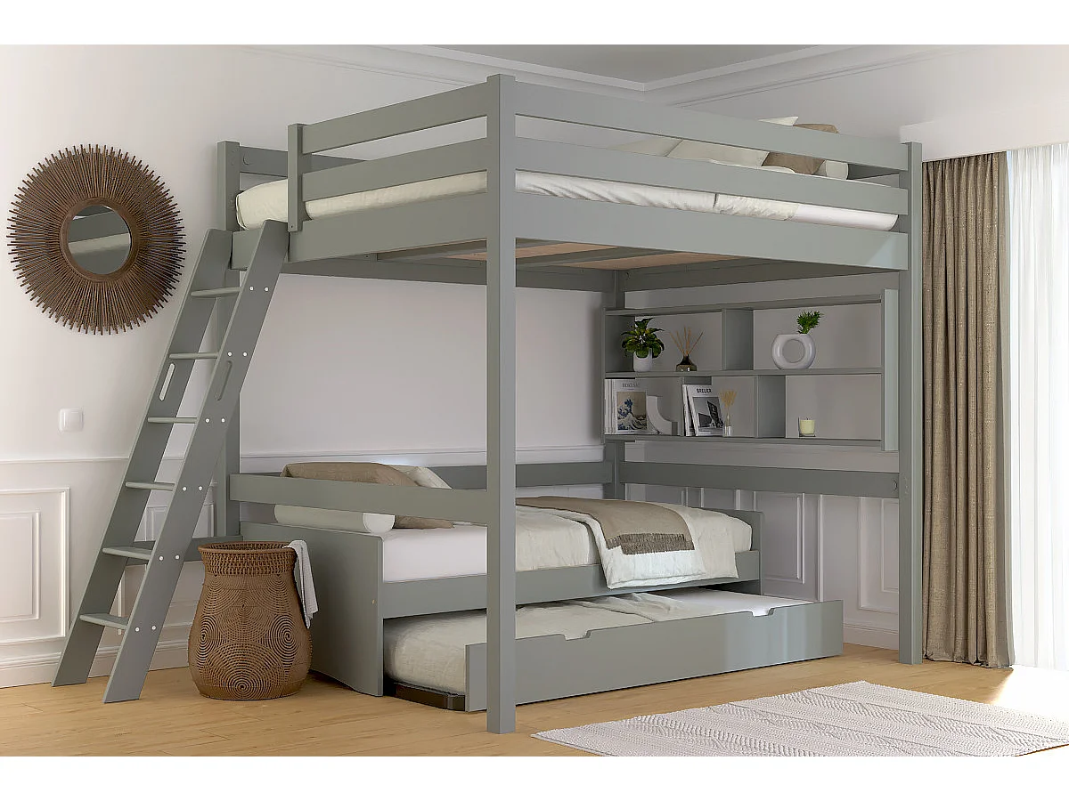 Lit mezzanine 2 places bois Sylvia 160x200 échelle inclinée, Gris