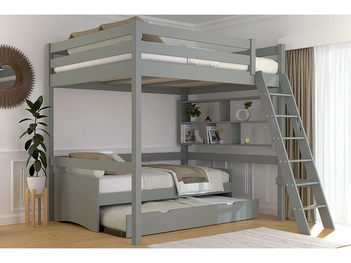 Lit mezzanine 2 places bois Sylvia 160x200 échelle inclinée, Gris