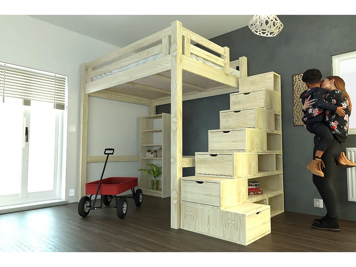 Lit Mezzanine adulte bois 140x200 Alpage hauteur réglable + escalier cube, Brut (sans vernis)