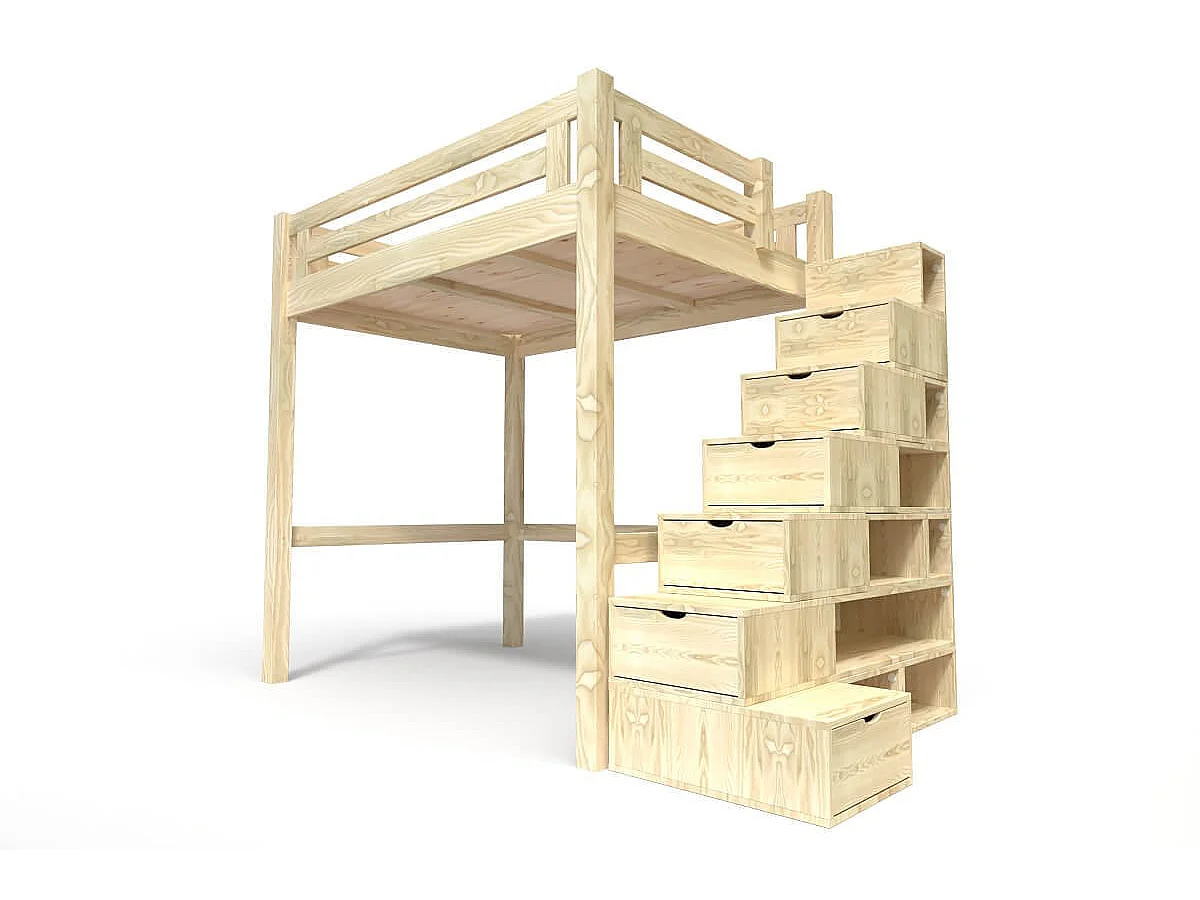 Lit Mezzanine adulte bois 140x200 Alpage hauteur réglable + escalier cube, Brut (sans vernis)