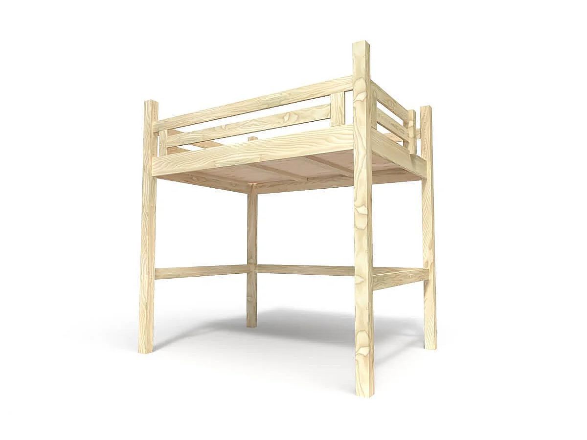 Lit Mezzanine adulte bois 140x200 Alpage hauteur réglable + escalier cube, Brut (sans vernis)