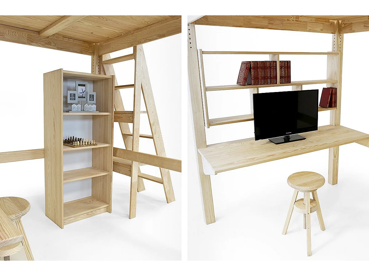 Lit Mezzanine adulte bois 140x200 Alpage hauteur réglable + escalier cube, Brut (sans vernis)