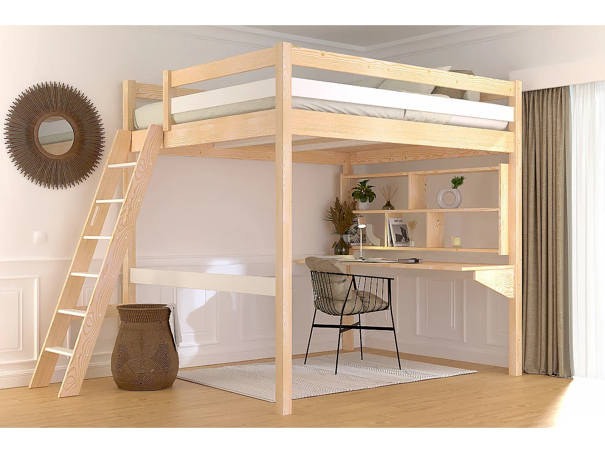 Lit mezzanine 2 places bois Sylvia 160x200 échelle inclinée, Vernis naturel/Blanc