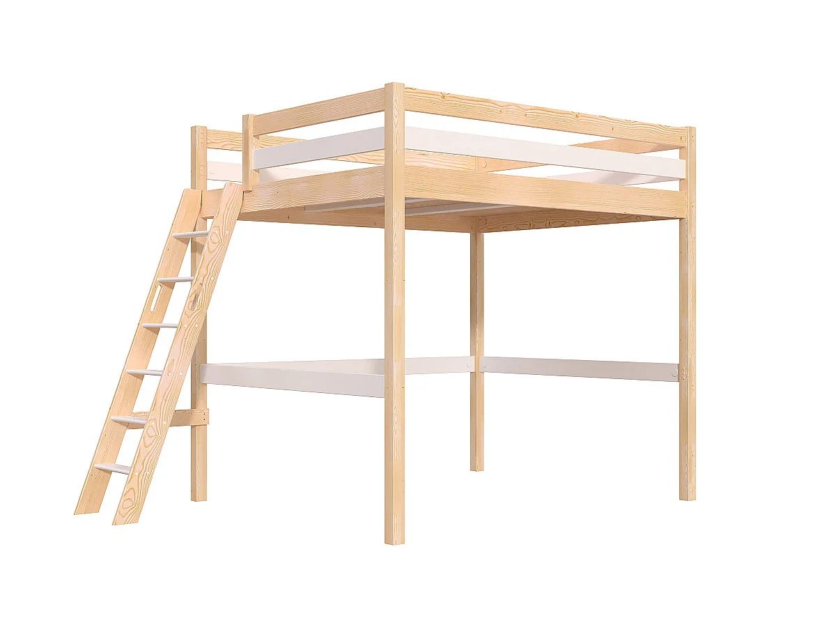 Lit mezzanine 2 places bois Sylvia 160x200 échelle inclinée, Vernis naturel/Blanc