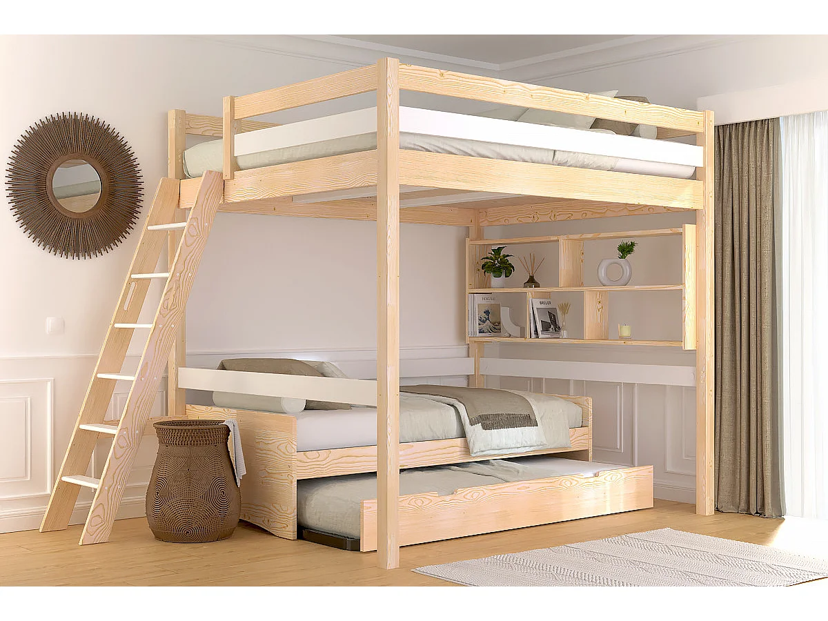 Lit mezzanine 2 places bois Sylvia 160x200 échelle inclinée, Vernis naturel/Blanc