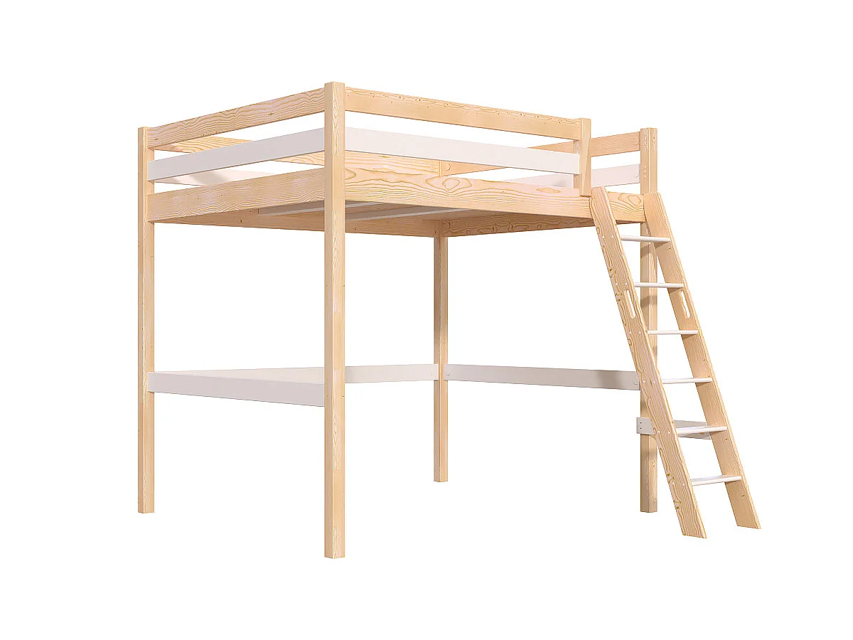 Lit mezzanine 2 places bois Sylvia 160x200 échelle inclinée, Vernis naturel/Blanc