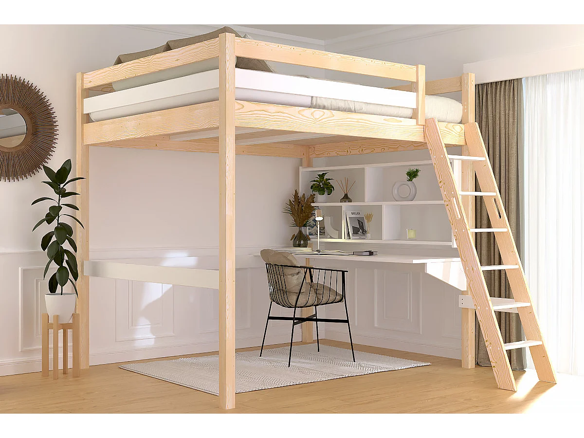 Lit mezzanine 2 places bois Sylvia 160x200 échelle inclinée, Vernis naturel/Blanc