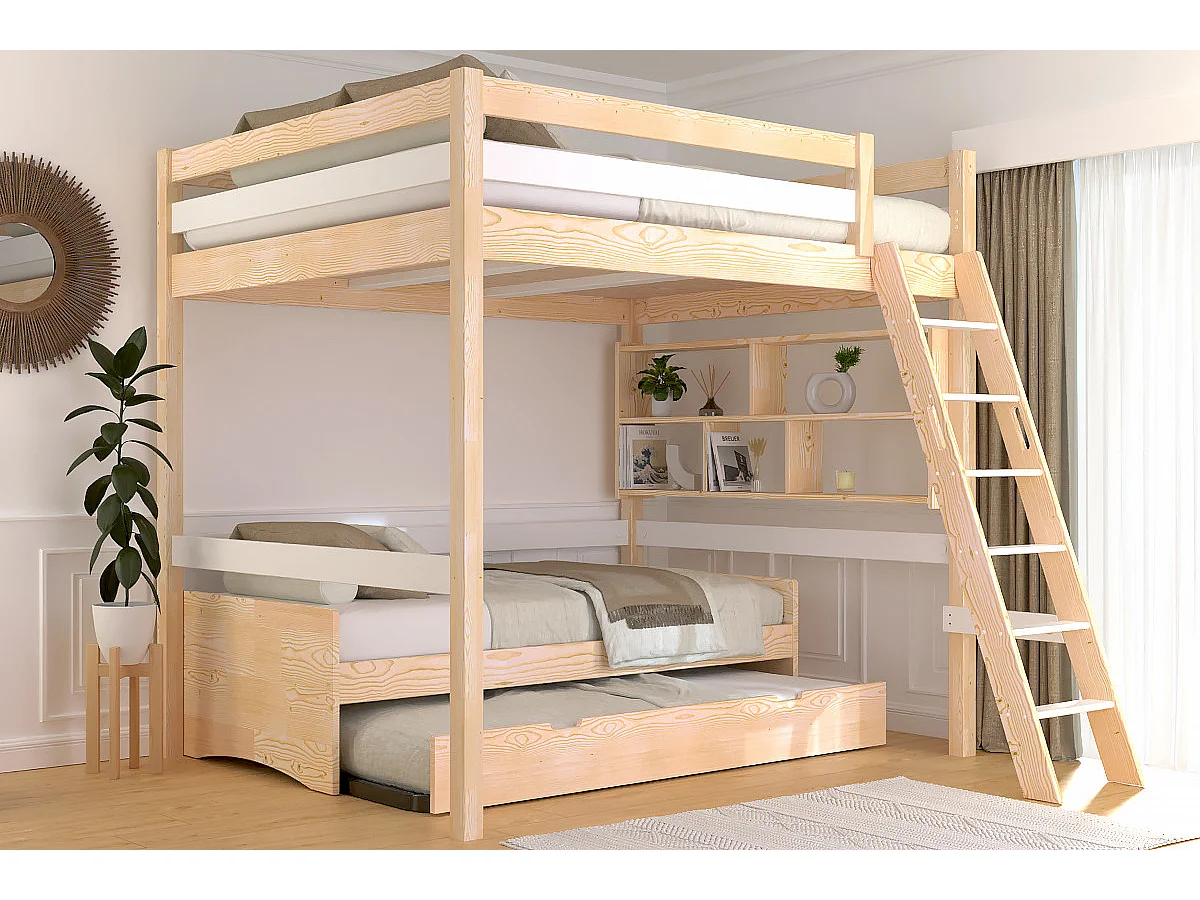 Lit mezzanine 2 places bois Sylvia 160x200 échelle inclinée, Vernis naturel/Blanc