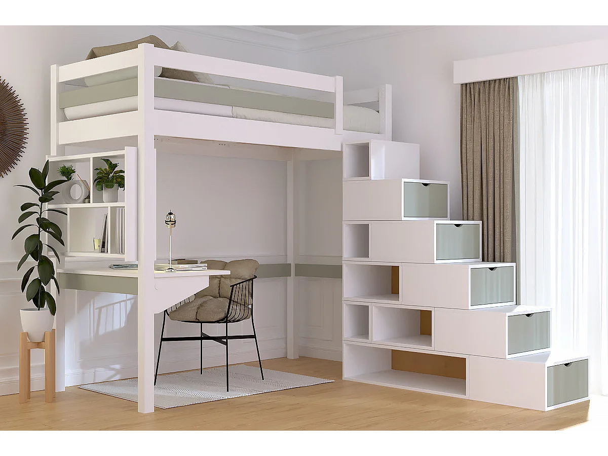 Lit mezzanine bois 90x200 Sylvia avec escalier cube, Blanc/Moka