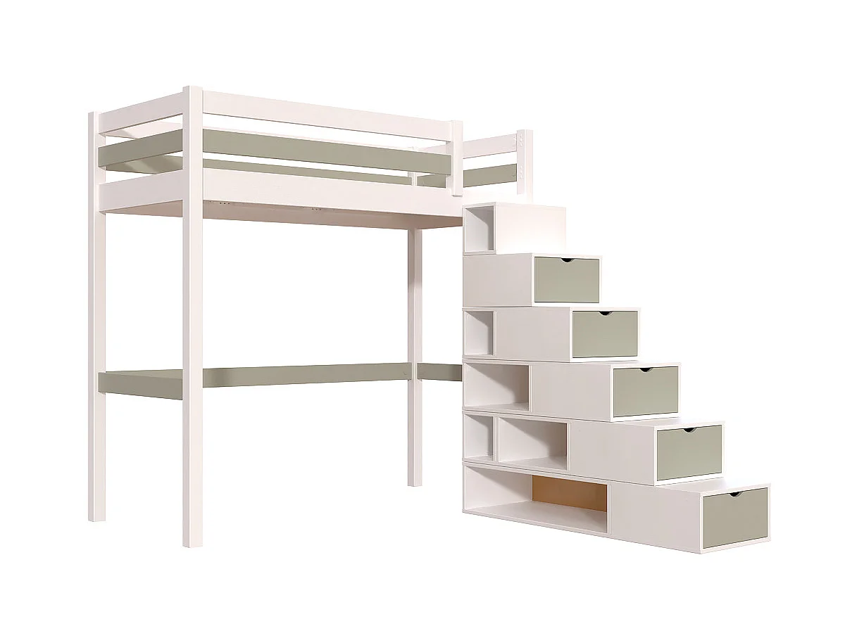 Lit mezzanine bois 90x200 Sylvia avec escalier cube, Blanc/Moka