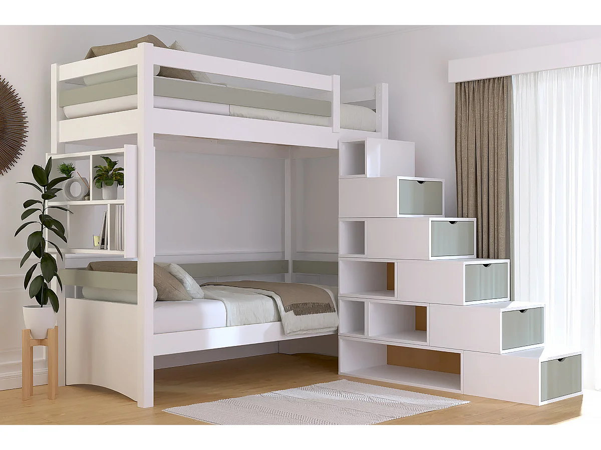 Lit mezzanine bois 90x200 Sylvia avec escalier cube, Blanc/Moka