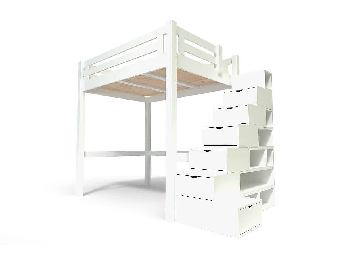 Lit Mezzanine adulte bois 140x200 Alpage hauteur réglable + escalier cube, Blanc