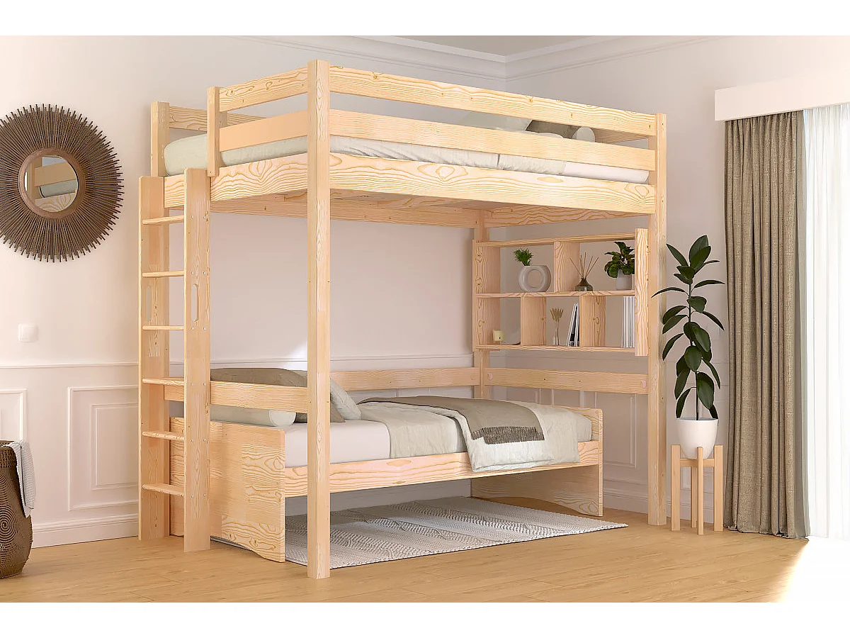Lit en hauteur 1 place bois Sylvia 120x200 échelle droite, Brut (sans vernis)