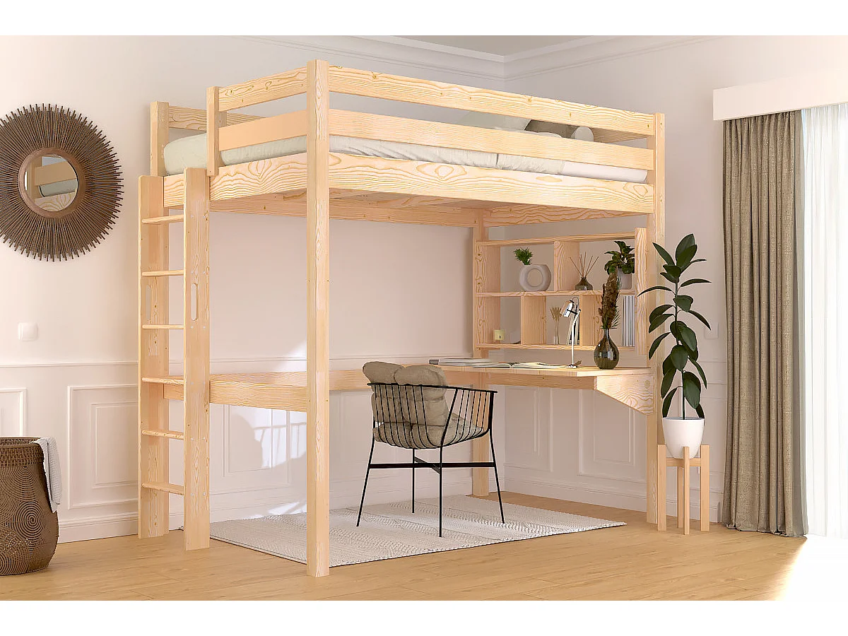 Lit en hauteur 1 place bois Sylvia 120x200 échelle droite, Brut (sans vernis)