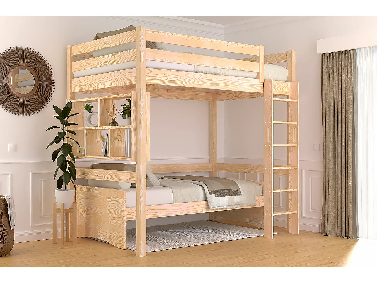 Lit en hauteur 1 place bois Sylvia 120x200 échelle droite, Brut (sans vernis)