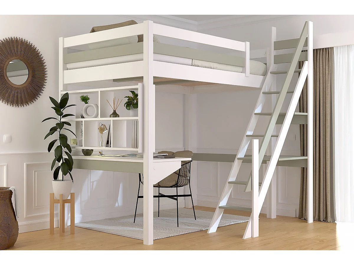 Hochbett holz Sylvia 120x200 mit Müllertreppe, Weiß/Mokka