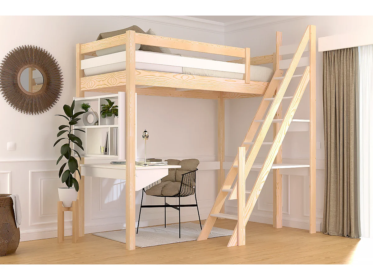Lit Mezzanine bois Sylvia 90x200 avec escalier de meunier, Vernis naturel/Blanc