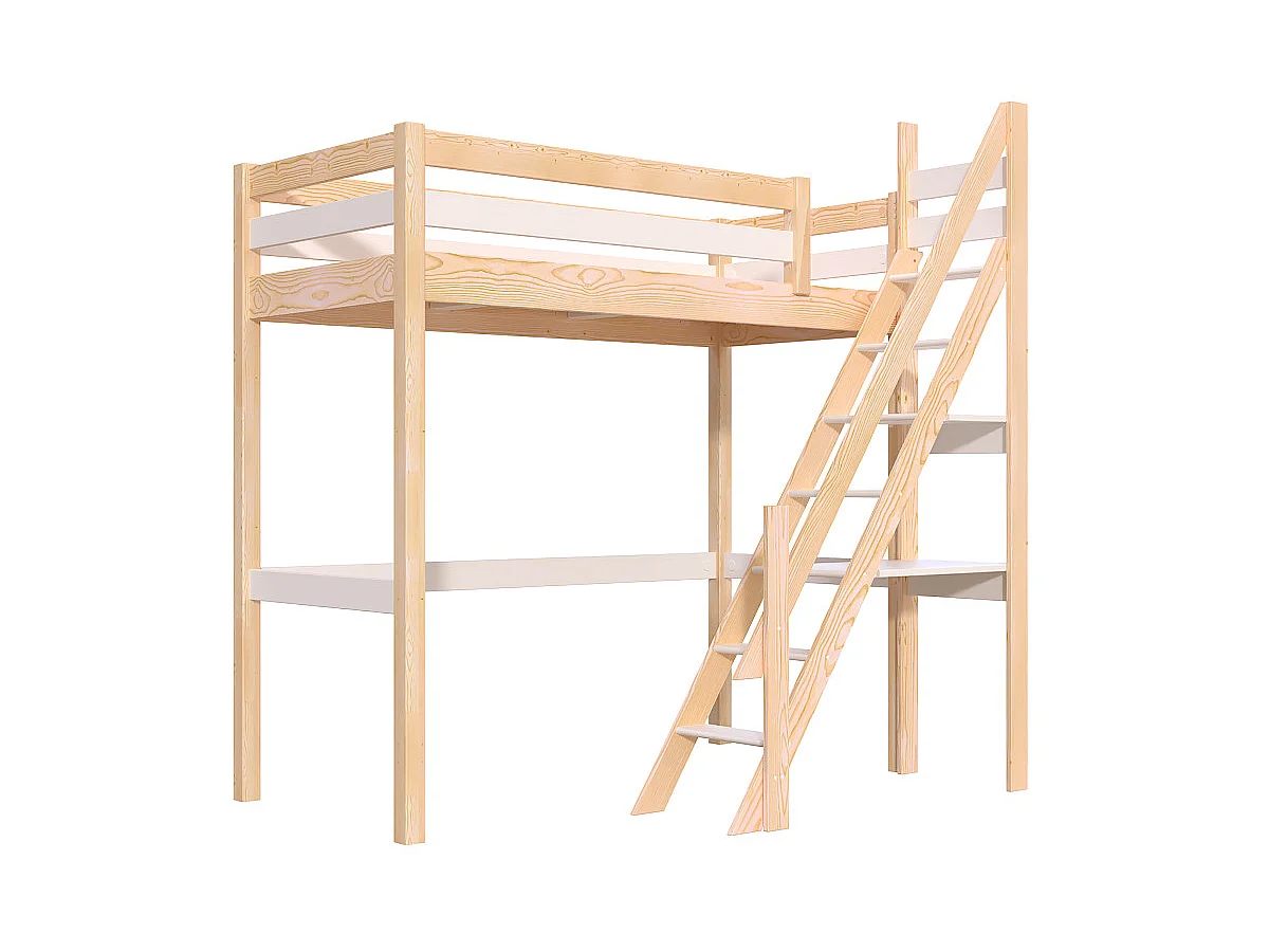 Lit Mezzanine bois Sylvia 90x200 avec escalier de meunier, Vernis naturel/Blanc