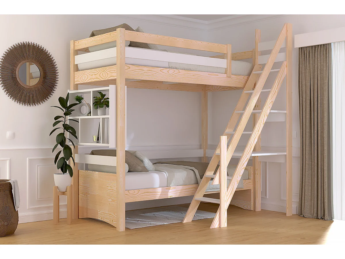 Lit Mezzanine bois Sylvia 90x200 avec escalier de meunier, Vernis naturel/Blanc