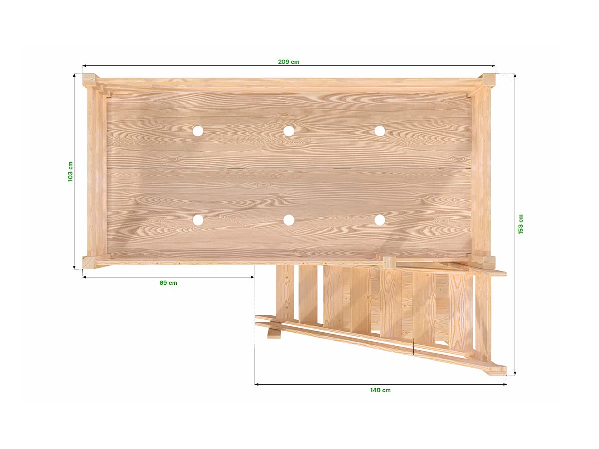 Lit Mezzanine bois Sylvia 90x200 avec escalier de meunier, Vernis naturel/Blanc