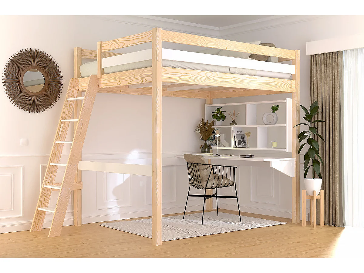 Lit mezzanine 2 places bois Sylvia 140x200 échelle inclinée, Vernis naturel/Blanc